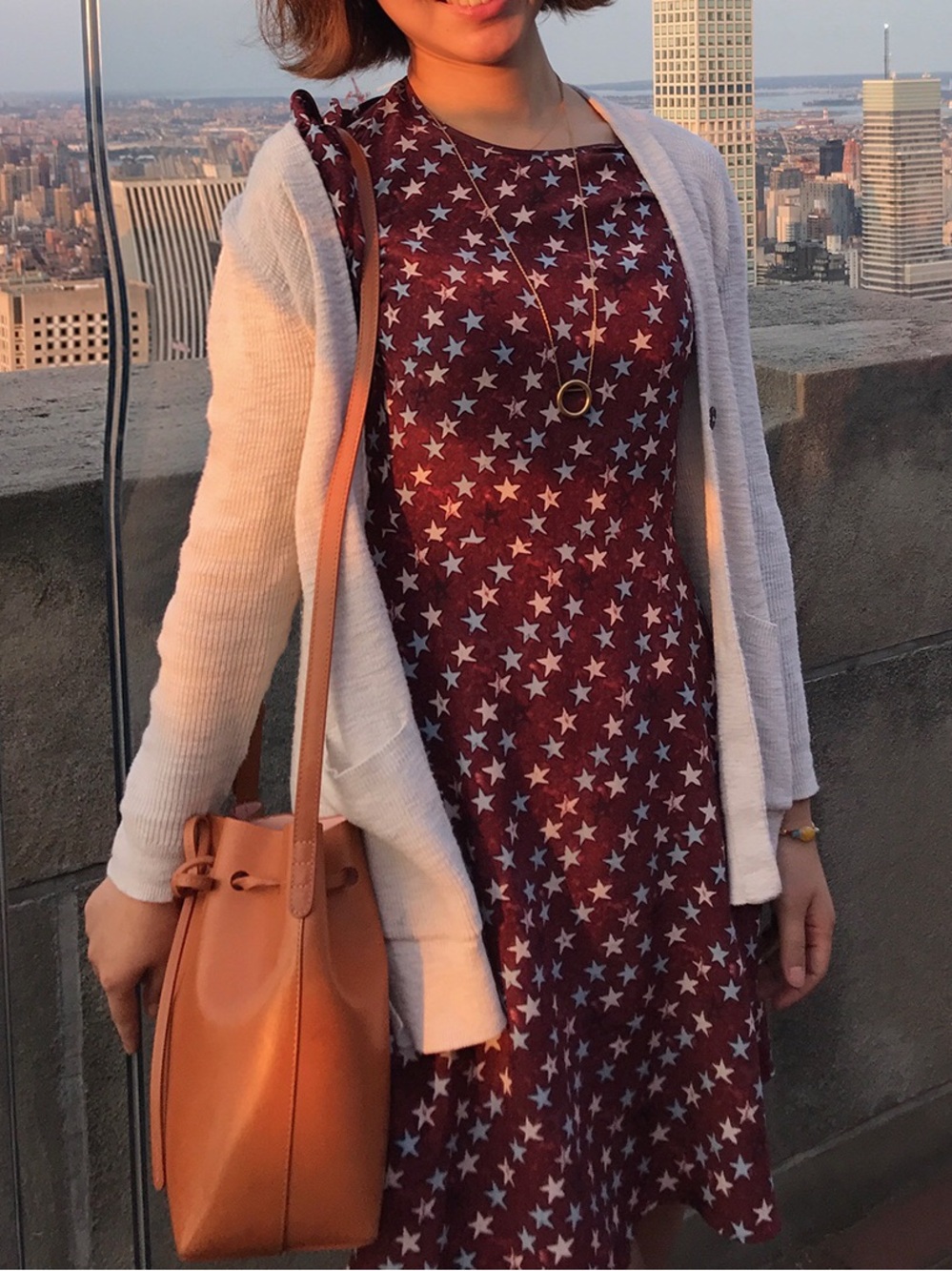 Sandro Burgundy Dress with White Star Print, Long Sleeve，100% silk